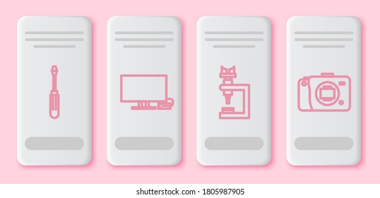 Ajuste el destornillador de línea, Smart Tv, Microscopio y cámara sin mirador. Botón rectángulo blanco. Vector