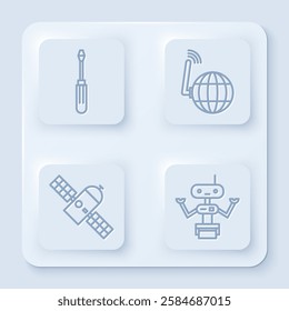 Set line Screwdriver, Social network, Satellite and Robot. White square button. Vector