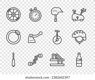 Set line Screwdriver, Sport bottle with water, Bicycle helmet, pedals, wheel, brake, parking and  icon. Vector