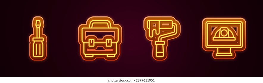 Set line Screwdriver, Toolbox, Paint roller brush and Worker safety helmet. Glowing neon icon. Vector