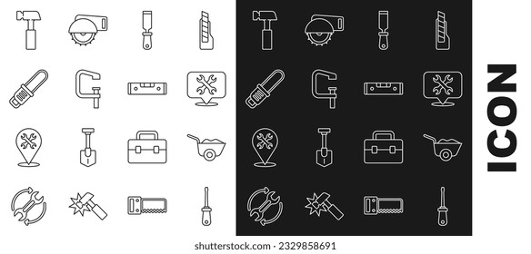 Set line Screwdriver, Wheelbarrow, Location with wrench, Rasp metal file, Clamp and screw tool, Chainsaw, Hammer and Construction bubble level icon. Vector