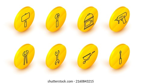 Set line Screwdriver, Wheelbarrow, Wrench spanner, Pincers and pliers, Electric drill machine, Paint bucket, Adjustable wrench and Sledgehammer icon. Vector