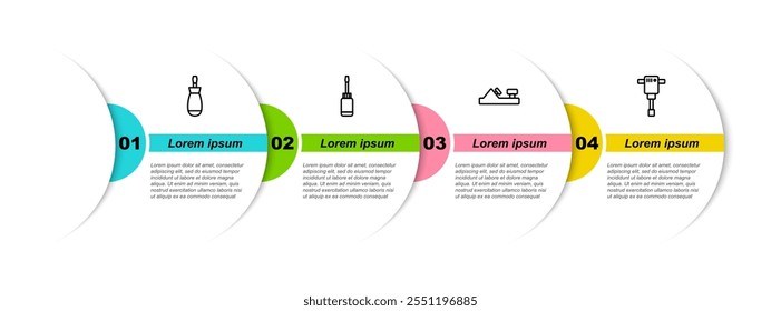 Set line Screwdriver, , Wood plane tool and Construction jackhammer. Business infographic template. Vector