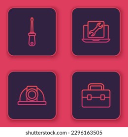 Set line Screwdriver, Worker safety helmet, Laptop service and Toolbox. Blue square button. Vector