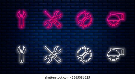 Set line Screwdriver and wrench, Wrench arrows as workflow, Adjustable and Electric circular saw. Glowing neon icon on brick wall. Vector