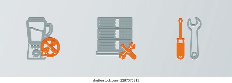 Set line Screwdriver and wrench, Blender service and Database server icon. Vector