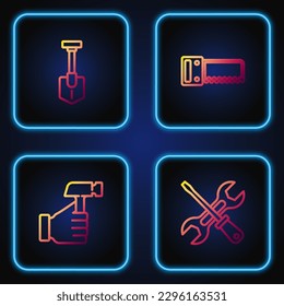 Set line Screwdriver and wrench, Hammer, Shovel and Hand saw. Gradient color icons. Vector