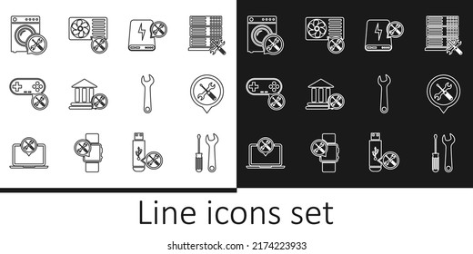 Set line Screwdriver and wrench, Location service, Power bank, Bank building, Gamepad, Washer, Wrench and Air conditioner icon. Vector