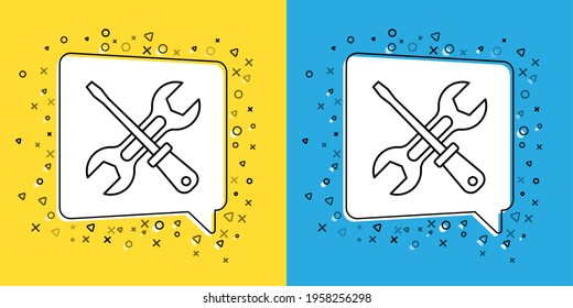 Set line Screwdriver and wrench spanner tools icon isolated on yellow and blue background. Service tool symbol.  Vector