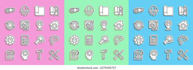 Set line Screwdriver and wrench spanner, Wrench gear, House with, Graphing paper for engineering, Multimeter, Gear arrows as workflow, Timing belt kit and Location icon. Vector