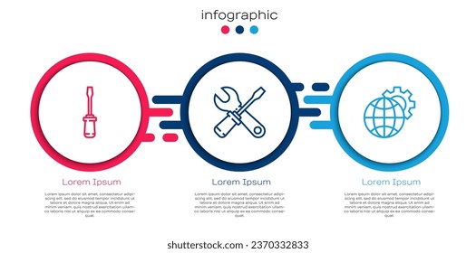 Set line Screwdriver, and wrench spanner and Globe of the Earth gear. Business infographic template. Vector