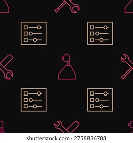 Set line Screwdriver and wrench spanner, Car settings and Gear shifter on seamless pattern. Vector