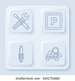 Set line Screwdriver and wrench tools, Parking, Car spark plug and Car search. White square button. Vector