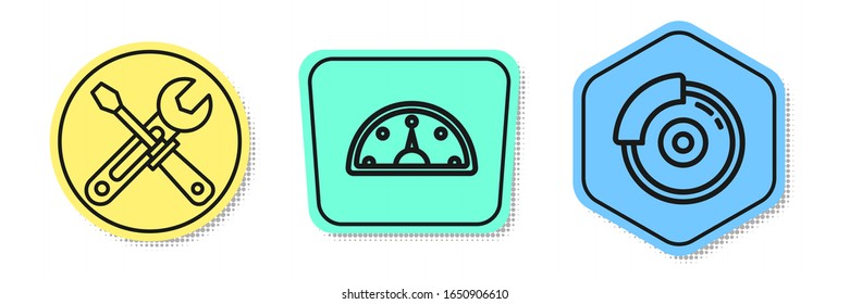 Set line Screwdriver and wrench tools, Speedometer and Car brake disk with caliper. Colored shapes. Vector