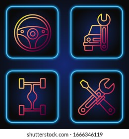 Ajuste las herramientas de llave y destornillador de línea, el camión del chasis, el volante de la dirección y el servicio de Camión. Iconos de color degradado. Vector
