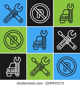 Set line Screwdriver and wrench tools, Car service and No Parking or stopping icon. Vector