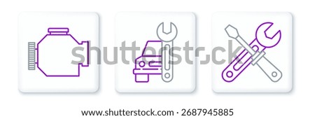 Set line Screwdriver and wrench tools, Check engine and Car service icon. Vector