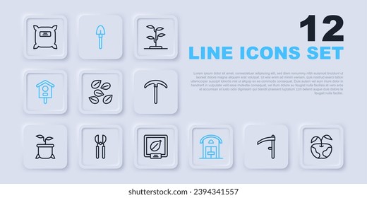 Set line Scythe, Apple, Seeds of specific plant, Farm house, Bird, Gardening scissors, Shovel and  icon. Vector