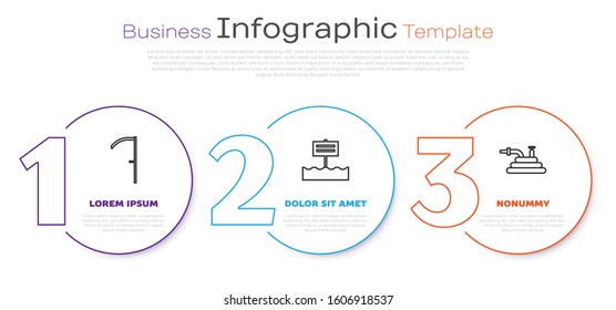 Set line Scythe, Blank wooden sign board and Garden hose or fire hose. Business infographic template. Vector