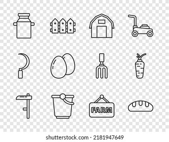 Set line Scythe, Bread loaf, Farm house, Bucket, Can container for milk, Chicken egg, Signboard with text and Carrot icon. Vector