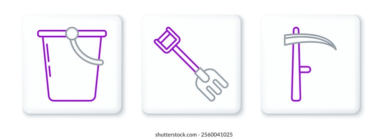 Set line Scythe, Bucket and Garden rake icon. Vector