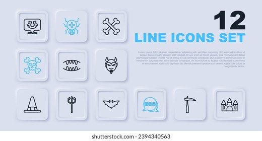 Set line Scythe, Castle, Vampire teeth, Boo speech bubble, Skull on crossbones, Trident devil, Spider and Flying bat icon. Vector