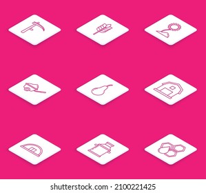 Set line Scythe, Cereals with rice, wheat, corn, oats, rye, Sunflower, Wheelbarrow dirt, Pear, Farm House concept, Hangar and Can container for milk icon. Vector