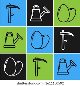 Set line Scythe, Chicken egg and Watering can icon. Vector