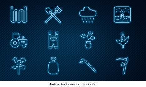 Set line Scythe, Corn, Cloud with rain, Garden worker clothes, Tractor, hose, Plant and Shovel icon. Vector