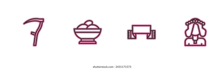 Set line Scythe, Embroidered towel, Varenyky in a bowl and Ukrainian woman icon. Vector