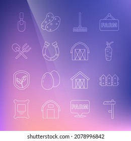 Set line Scythe, Garden fence wooden, Carrot, rake, Horseshoe, Shovel and, trowel spade shovel and Farm house icon. Vector