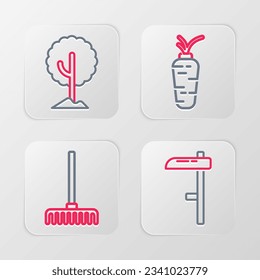 Set line Scythe, Garden rake, Carrot and Tree icon. Vector