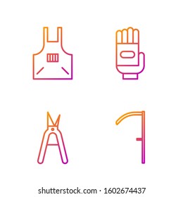 Set line Scythe, Gardening handmade scissors, Kitchen apron and Garden gloves. Gradient color icons. Vector