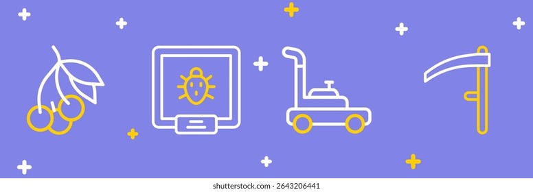 Set line Scythe, Lawn mower, Colorado beetle and Fresh berries icon. Vector