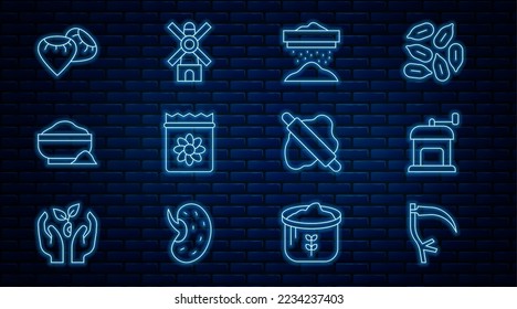Set line Scythe, Manual coffee grinder, Sifting flour, Pack full seeds plant, Flour bowl, Seed, Rolling pin on dough and Windmill icon. Vector