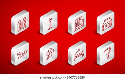 Set line Scythe, Monument of Independence, Hotel Ukraina building, Ukrainian house, Bread and salt, Two towers Dnipro, Poppy flower and Glass with vodka icon. Vector