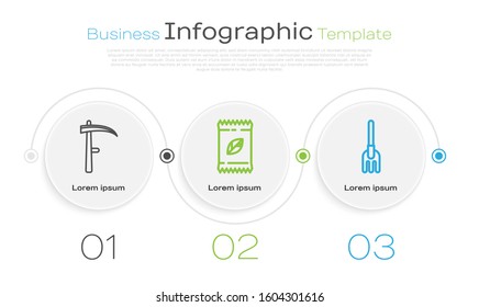 Set line Scythe, A pack full of seeds of a specific plant and Garden rake. Business infographic template. Vector