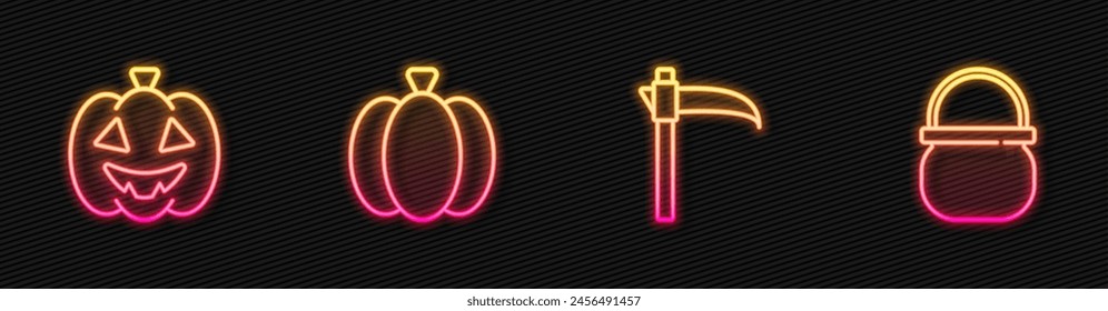 Set line Scythe, Pumpkin,  and Halloween witch cauldron. Glowing neon icon. Vector