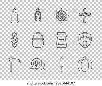 Set line Scythe, Pumpkin, Spider web, Burning candle, Halloween witch cauldron, Knife and Hockey mask icon. Vector