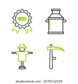 Set line Scythe, Scarecrow, Can container for milk and Banner, label, tag, logo eco icon. Vector