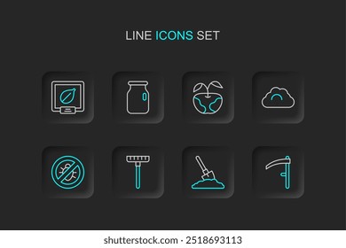 Set line Scythe, Shovel in ground, Garden rake, Stop colorado beetle, Cloudy weather, Apple, Glass jar with screw-cap and Seeds of specific plant icon. Vector