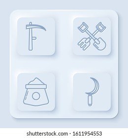 Set line Scythe, Shovel and rake, Bag of flour and Sickle. White square button. Vector