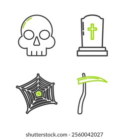 Set line Scythe, Spider web, Tombstone with cross and Skull icon. Vector