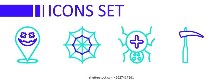 Set line Scythe, Spider, web and Happy Halloween holiday icon. Vector