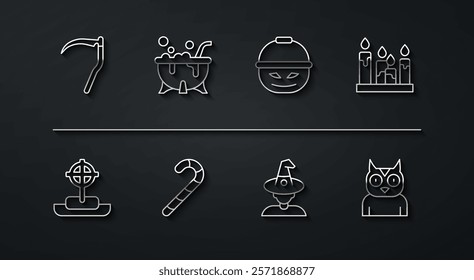 Set line Scythe, Tombstone with cross, Burning candle, Witch, Christmas candy cane, Halloween witch cauldron, Owl bird and Pumpkin basket for sweets icon. Vector