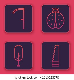 Set line Scythe, Tree, Ladybug and Garden saw. Blue square button. Vector
