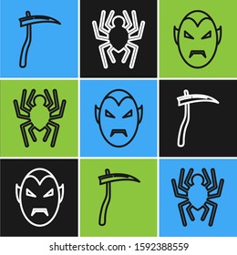 Set line Scythe , Vampire  and Spider  icon. Vector