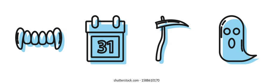 Set line Scythe , Vampire teeth , Calendar with Halloween date 31 october  and Ghost  icon. Vector