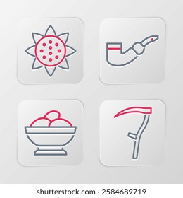 Set line Scythe, Varenyky in a bowl, Smoking pipe and Sunflower icon. Vector