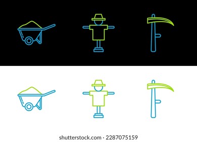 Set line Scythe, Wheelbarrow with dirt and Scarecrow icon. Vector